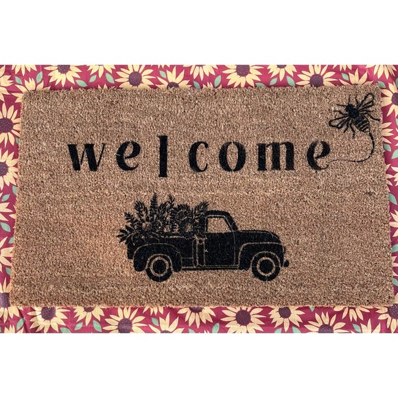 NWOT Doormat “welcome” with sunflower farm truck and bee.